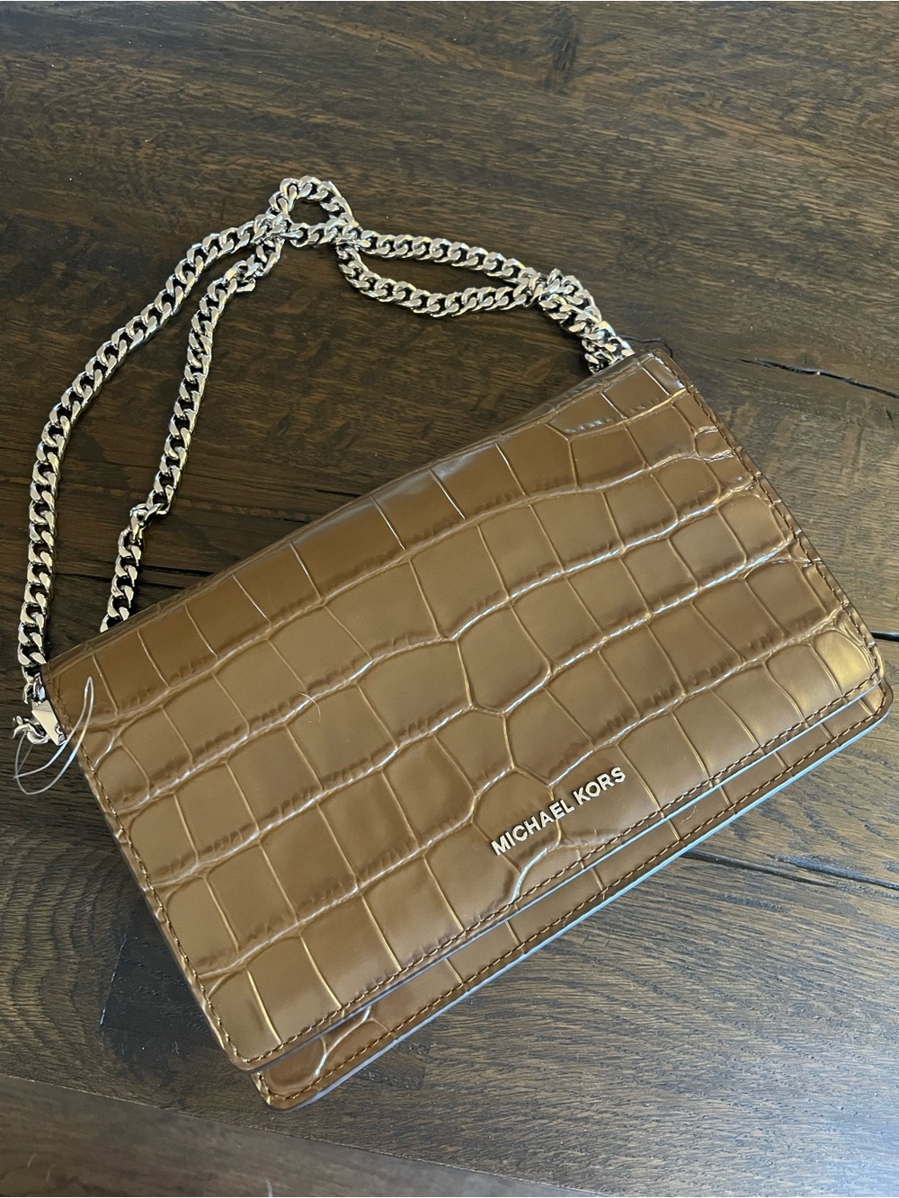 Michael Kors Croc-Embossed Tan Chain Crossbody Bag